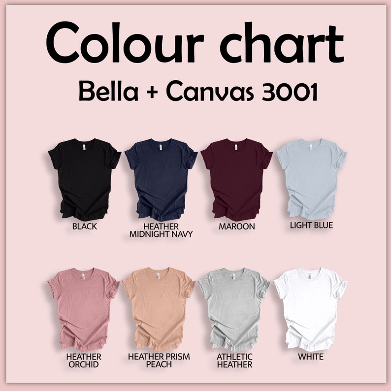 Puede incluir: Carta de colores para camisetas Bella + Canvas 3001. La carta muestra 10 colores diferentes, incluyendo negro, azul marino jaspeado, granate, azul claro, orqu&iacute;dea jaspeada, melocot&oacute;n jaspeado prisma, jaspeado atl&eacute;tico y blanco.