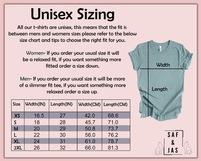 Puede incluir: Tabla de tallas unisex para camisetas con medidas en pulgadas y cent&iacute;metros. La tabla muestra el ancho y la longitud de cada talla de XS a 2XL. La tabla tambi&eacute;n incluye consejos para elegir la talla correcta en funci&oacute;n de si quieres una talla holgada o ajustada.