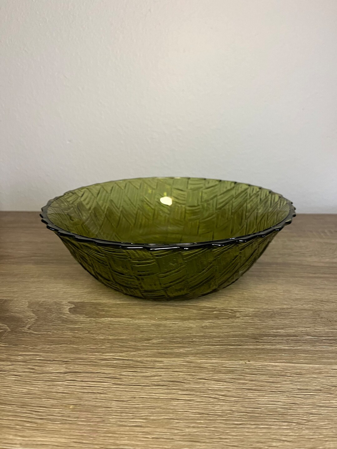 Diana Glass Basket Weave Bowl Avocado Green Mid Century Etsy