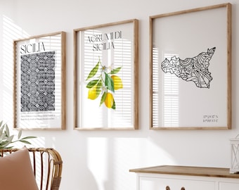 Italian printable wall set of 3, summer wall decor, light wall art, Sicily, retro poster style, minimal prints, trendy, digital download