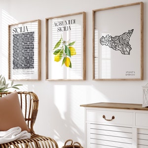 Italian printable wall set of 3, summer wall decor, light wall art, Sicily, retro poster style, minimal prints, trendy, digital download
