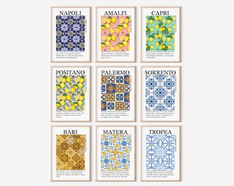Italian trendy printable wall set of 9, summer wall decor, light wall art, retro poster style, minimal prints, Sicily, digital download