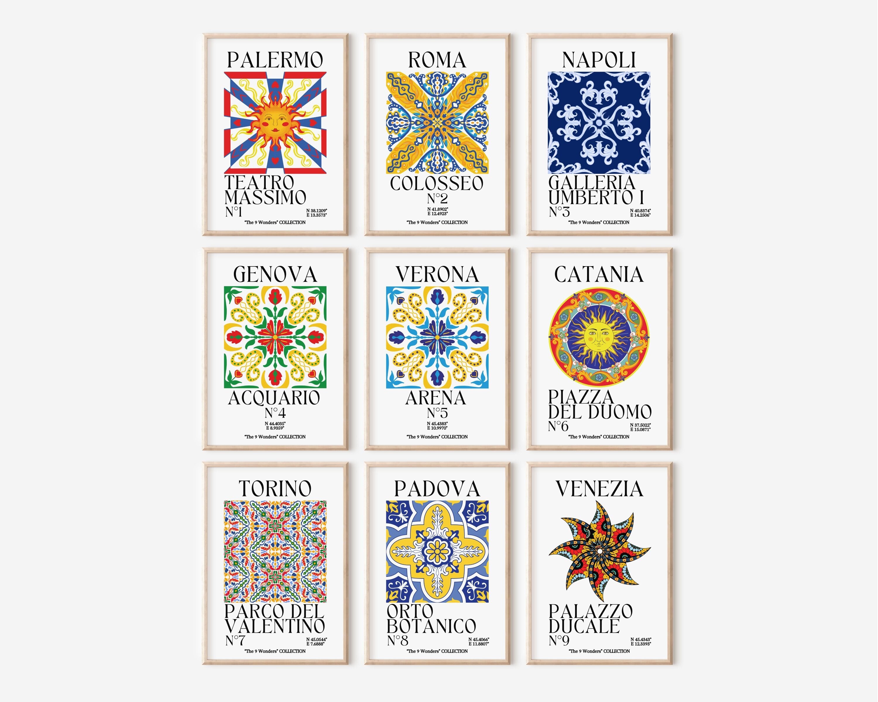 The 9 Wonders Italian wall Set of 9 Prints, Eclectic Wall Set, Trendy Printable Decorations, Gallery Wall Art, Rome Naples Venice and More