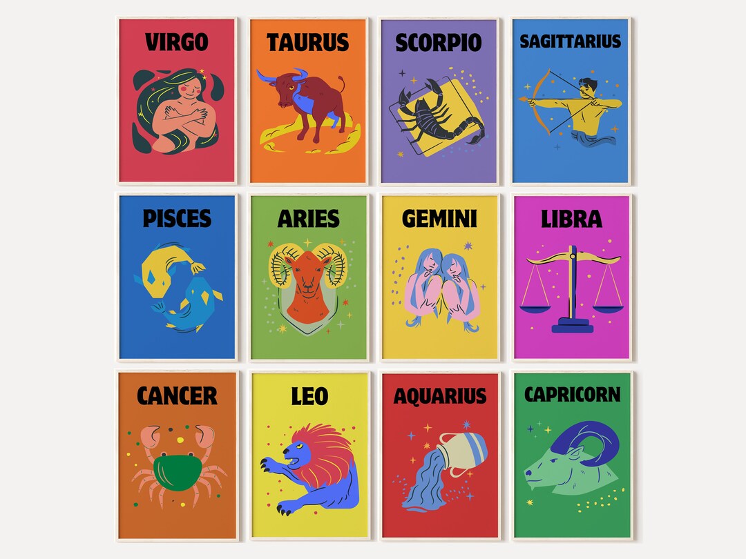 Zodiac Signs Wall Set of 12, Eclectic Wall Art Set, Aesthetic Trendy Print Set, 12 Pieces Set