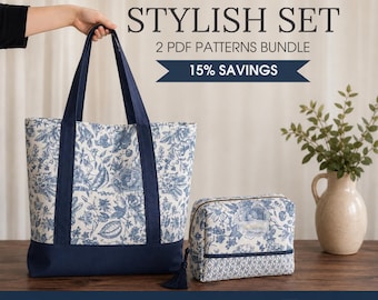 Quilted tote bag and makeup pouch PDF sewing pattern bundle with video tutorial