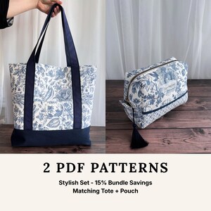 Kit de costura em PDF com tutorial em vídeo para bolsa de tecido acolchoada e nécessaire de maquiagem.