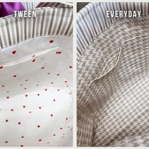 May include: Two tote bag interiors with striped top borders. The left bag, labeled TWEEN, features a white lining with small red hearts and a pocket. The right bag, labeled EVERYDAY, features a beige and white houndstooth lining and a pocket.