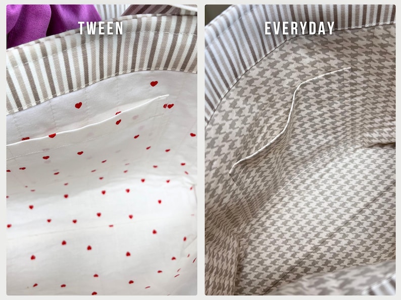 May include: Two tote bag interiors with striped top borders. The left bag, labeled TWEEN, features a white lining with small red hearts and a pocket. The right bag, labeled EVERYDAY, features a beige and white houndstooth lining and a pocket.