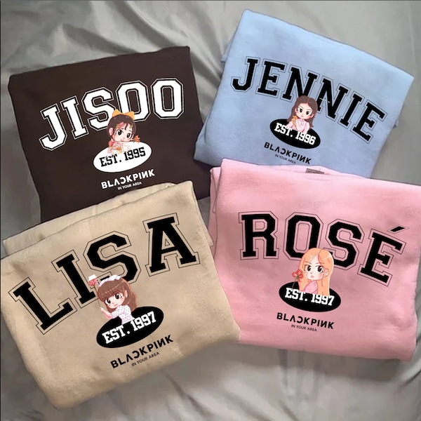 Joli sweat-shirt Chibi membres BlackPink, chemise BlackPink World Tour 2022, chemise Born Pink Tour, chemise Jisoo BlackPink, Jennie, Rose, Lisa