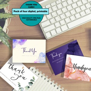 Paquete de 4 tarjetas de agradecimiento simples digitales Gracias con estilo para amigos, hermanas, hermanos, mamá, papá y para negocios imprimibles y personalizables.