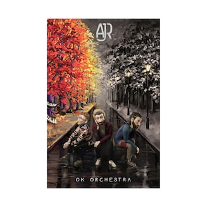 May include: Album cover art featuring three figures seated on steps, with a split background of colorful autumn trees and a black and white cityscape. The text "OK ORCHESTRA" is at the bottom, with "AR" at the top.