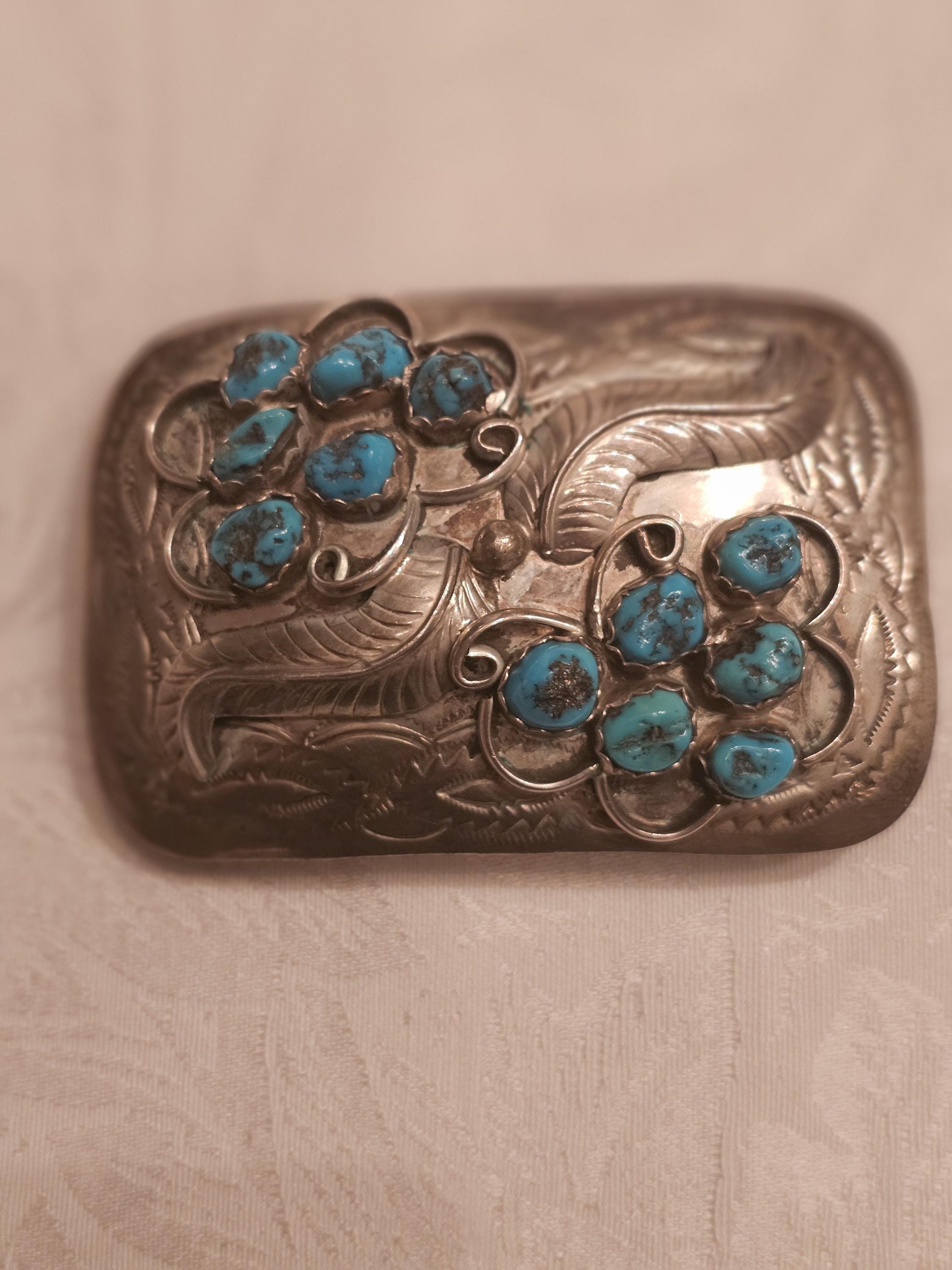 Vintage Navajo Sterling Silver Turquoise Cluster Belt Buckle 