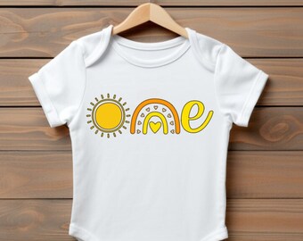 Sunshine and rainbows first birthday outfit for girls or boys first birthday summer t-shirt, 1st bday baby grow cake smash glitter top