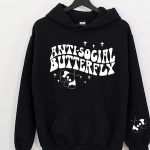 Anti-social butterfly club hoodie jumper monochrome black white goth alternative fashion punk mental health witch vibes skull print emo