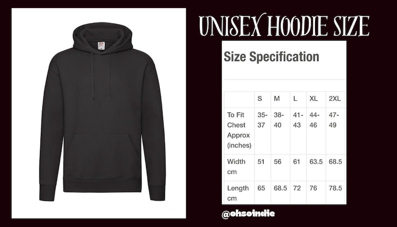 K&ouml;nnte beinhalten: Unisex-Hoodie-Gr&ouml;&szlig;entabelle mit Ma&szlig;en in Zoll und Zentimetern. Die Tabelle zeigt die Brustweite, die Breite und die L&auml;nge des Hoodies in verschiedenen Gr&ouml;&szlig;en: S, M, L, XL und 2XL.
