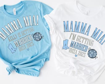Mama Mia style disco bride - hen party t-shirts. Blue and white Bachelorette party last disco t-shirts. Dancing queen - The Dynamos custom