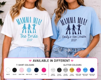 Mamma Mia Hen Party T Shirts, Personalised Bride & Hen Tops, Glitter Disco Hen Do Shirts, ABBA Inspired Bride T Shirt, Custom Hen Party