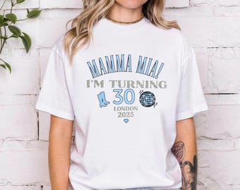 Matching Mama Mia style disco birthday - Age milestone t-shirts. Blue and white birthday crew tops 21 30 40 50 60 70 80 Dancing queen