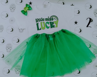 Cute girls St. Patrick's day Irish matching outfit. Printed t-shirt and green tutu skirt. Lucky, shamrock dress up party outfit. name