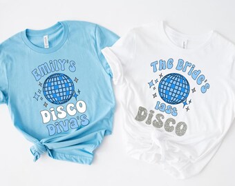 Mama Mia style disco bride - hen party t-shirts. Blue and white Bachelorette party bride's last disco t-shirts. Dancing queen custom