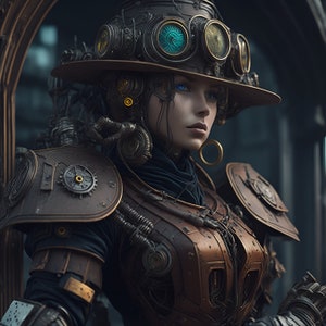 Female robotic android in the Steampunk era