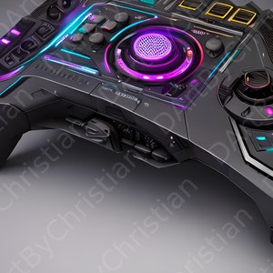 以下が含まれることがあります： 紫と青のライトディスプレイが付いた未来的な黒いゲームコントローラー。コントローラーには、紫色のライトが付いた大きな円形のノブを含む、さまざまなボタンとノブがあります。