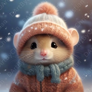 Winter Wonderland Mouse - Souris animée mignonne avec chapeau en laine dans la neige - Impression d’art numérique