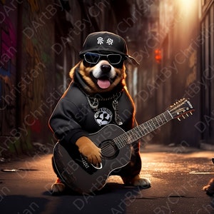 Digital Artwork of a Dog Rapper With Guitar, digital image, commercial use, direct download, wall art, wallpaper, digital art, music, animal