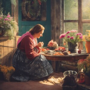 Mother's Day Women with Flowers Painting Style Digital Image