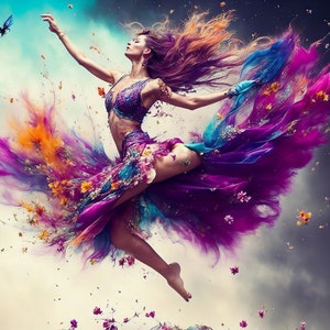 Jumping for Joy - Digital Image of a Beautiful Woman with Flowers