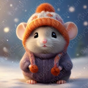 Winter Wonderland Mouse - Souris animée mignonne avec chapeau en laine dans la neige - Impression d’art numérique