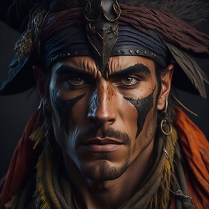 A portrait of a male pirate looking into the camera, digital image