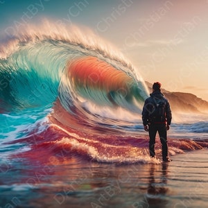 Ocean Embrace - Homme debout dans une vague majestueuse au coucher du soleil - Impression d’art numérique - Nature - Force - Utilisation commerciale - Powerpoint - Site Web - Image