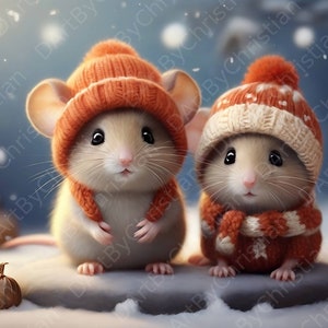 Winter Friends - Adorables souris avec des chapeaux en laine dans la neige - Impression d’art numérique