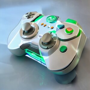 Op de afbeelding: Een witte en groene videogamecontroller met een groen-wit logo aan de voorkant. De controller heeft een textuur en een groen-witte knop.