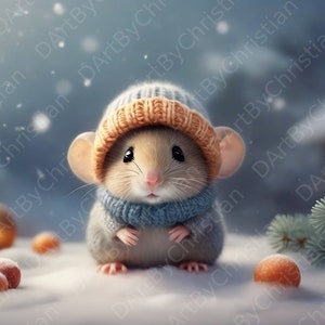 Winter Wonderland Mouse - Souris animée mignonne avec chapeau en laine dans la neige - Impression d’art numérique