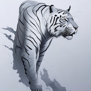 Op de afbeelding: Een witte tijger met zwarte strepen is afgebeeld in een realistische stijl. De tijger kijkt naar rechts en zijn kop is lichtjes naar links gedraaid. De achtergrond is lichtgrijs met een paar donkergrijze vlekken.