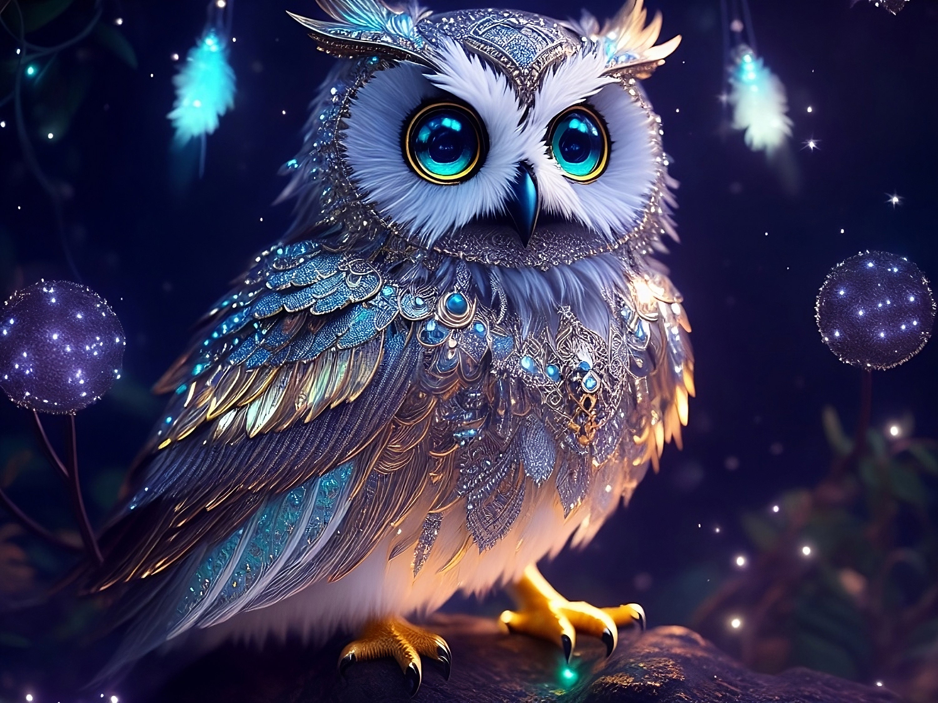 Glitter and Glamour Owl - Digital Artwork for Sparkling Delight, digital image, pixels, nature