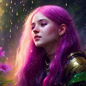 May include: A woman with long, bright pink hair stands in a forest setting. She is wearing a gold and black outfit and has a wistful expression on her face. The background is blurred and features green foliage and flowers.
