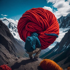 Op de afbeelding: Een persoon in een blauw jack draagt een grote rode bal van touw in een bergachtig landschap.