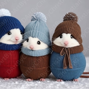 Trio d'hiver - Trois souris douillettes en tenue de laine au milieu de la neige - Impression d'art numérique