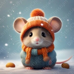Winter Wonderland Mouse - Souris animée mignonne avec chapeau en laine dans la neige - Impression d’art numérique