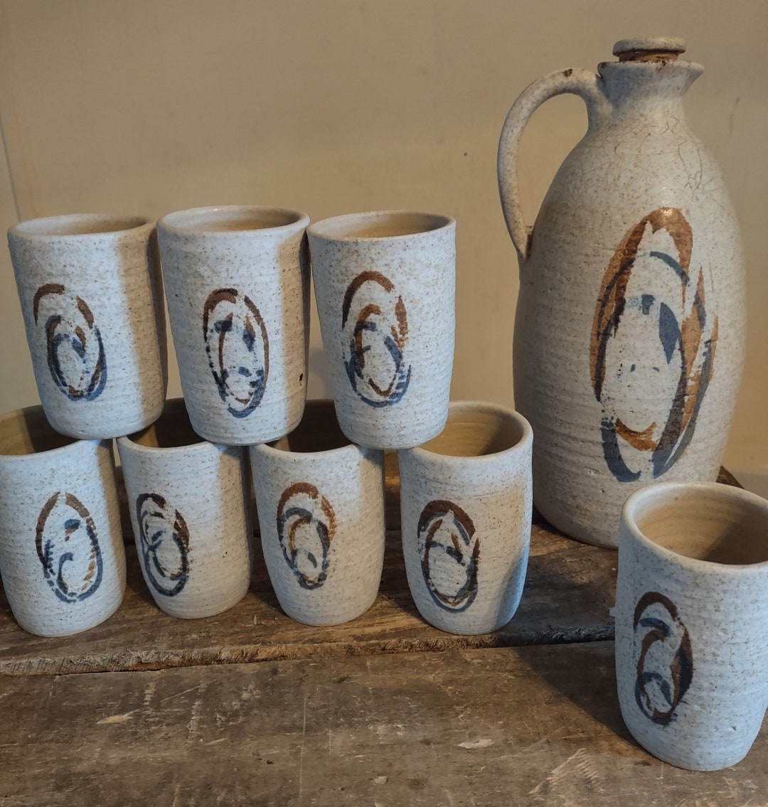 Vintage MCM Earthenware Wine Jug and Glasses Set Etsy