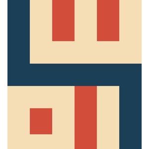 May include: Abstract geometric art print with a cream background, navy blue and red shapes. The print features a series of vertical and horizontal lines and rectangles.