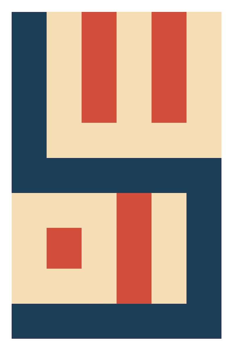 May include: Abstract geometric art print with a cream background, navy blue and red shapes. The print features a series of vertical and horizontal lines and rectangles.