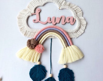 Custom nursery name sign. Macrame Boho rainbow with macrame leaves wall hanging for kid's room. Personalized baby gift for newborn girl