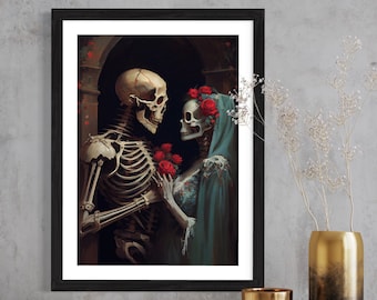 Dark Academia Skeleton Couple | Valentine's Day Gift | Moody PRINTABLE Gothic Wall Art | Dark Art Romance Print | Floral Digital Download