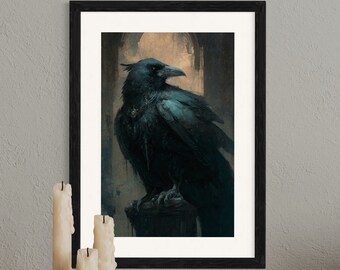Dark Academia Black Raven Print | Witchy Crow Room Decor | Stemmig AFDRUKBARE Gotische Kunst aan de muur | Rustieke Vogel print | Dark Art Digital downloaden