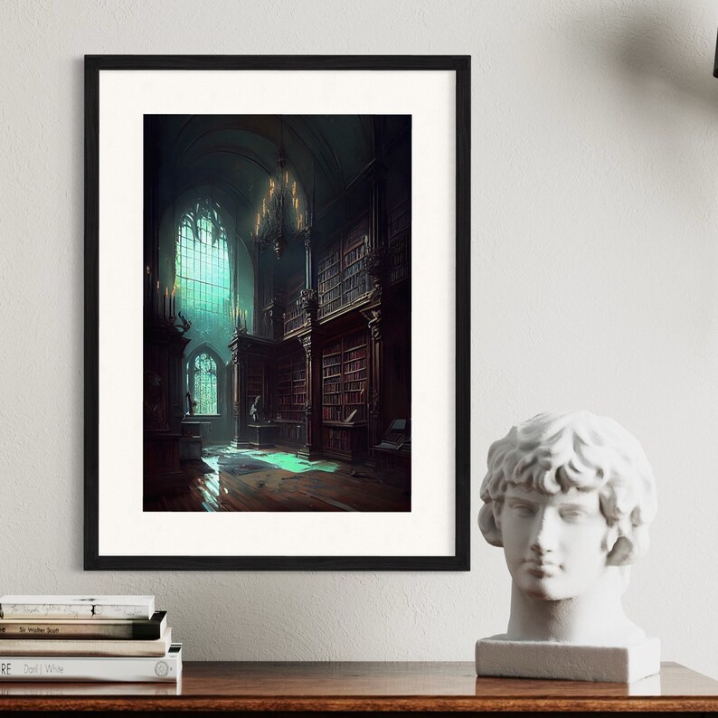 May include: A dark, gothic library with tall bookshelves filled with books. A large window with stained glass lets in light, casting a green glow on the floor. The room is empty, with a sense of mystery and intrigue.