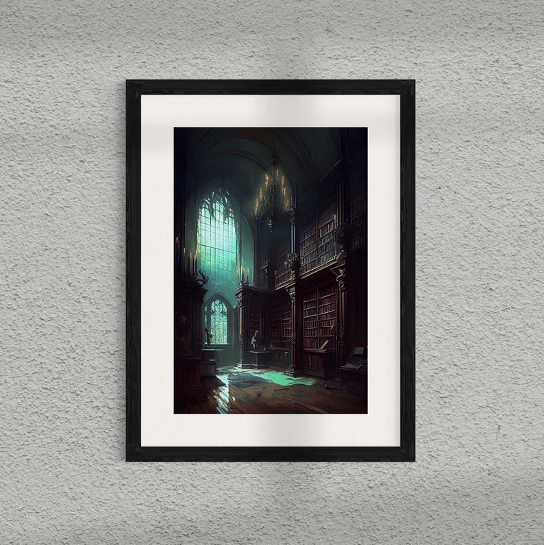 May include: A framed print depicting a dark, gothic library with a large window and a chandelier. The library is filled with bookshelves and has a wooden floor.